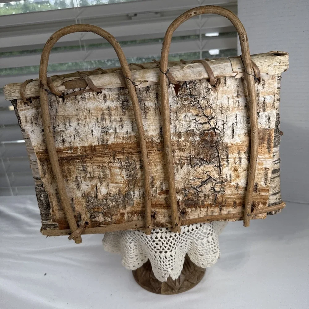 Vintage Birch Bark Wall Hanging 2 Loop Basket. Handmade.